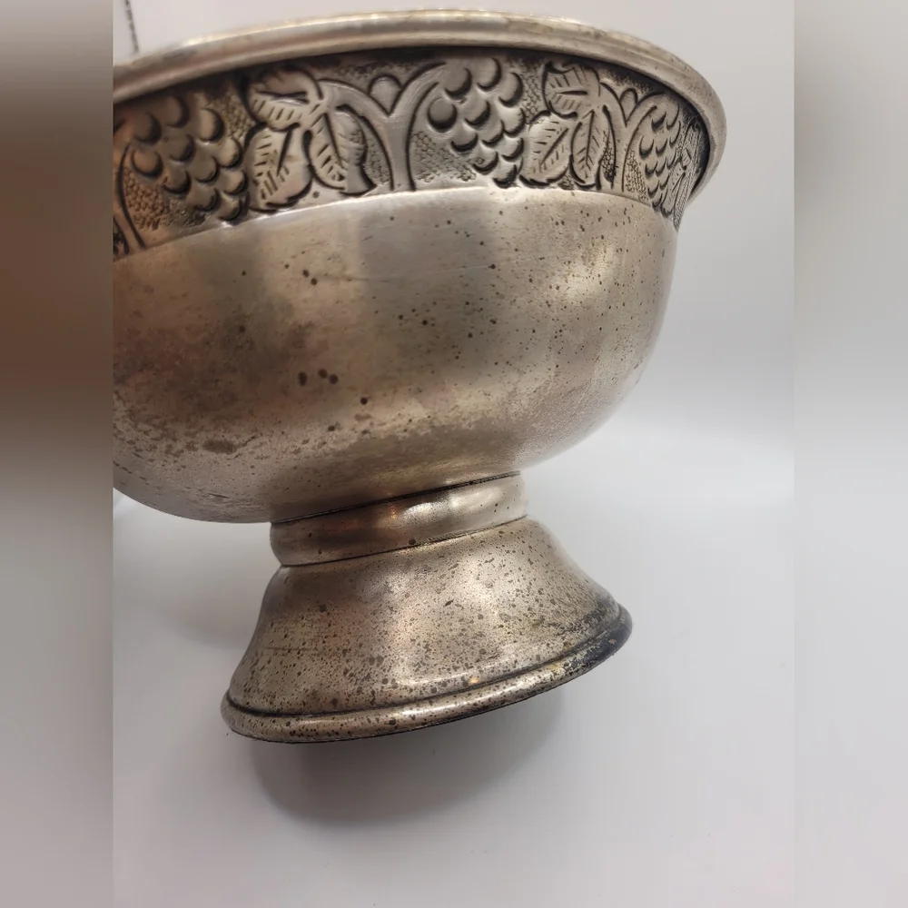 Pottery Barn Distressed Pedestal Bowl Grape & Leaves Motif Pewter Like Finish